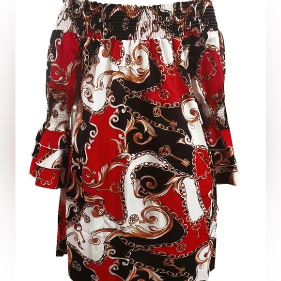 Plus Size Baroque Print Off Shoulder Layered Sleeve Dress - Picture 3 of 6
